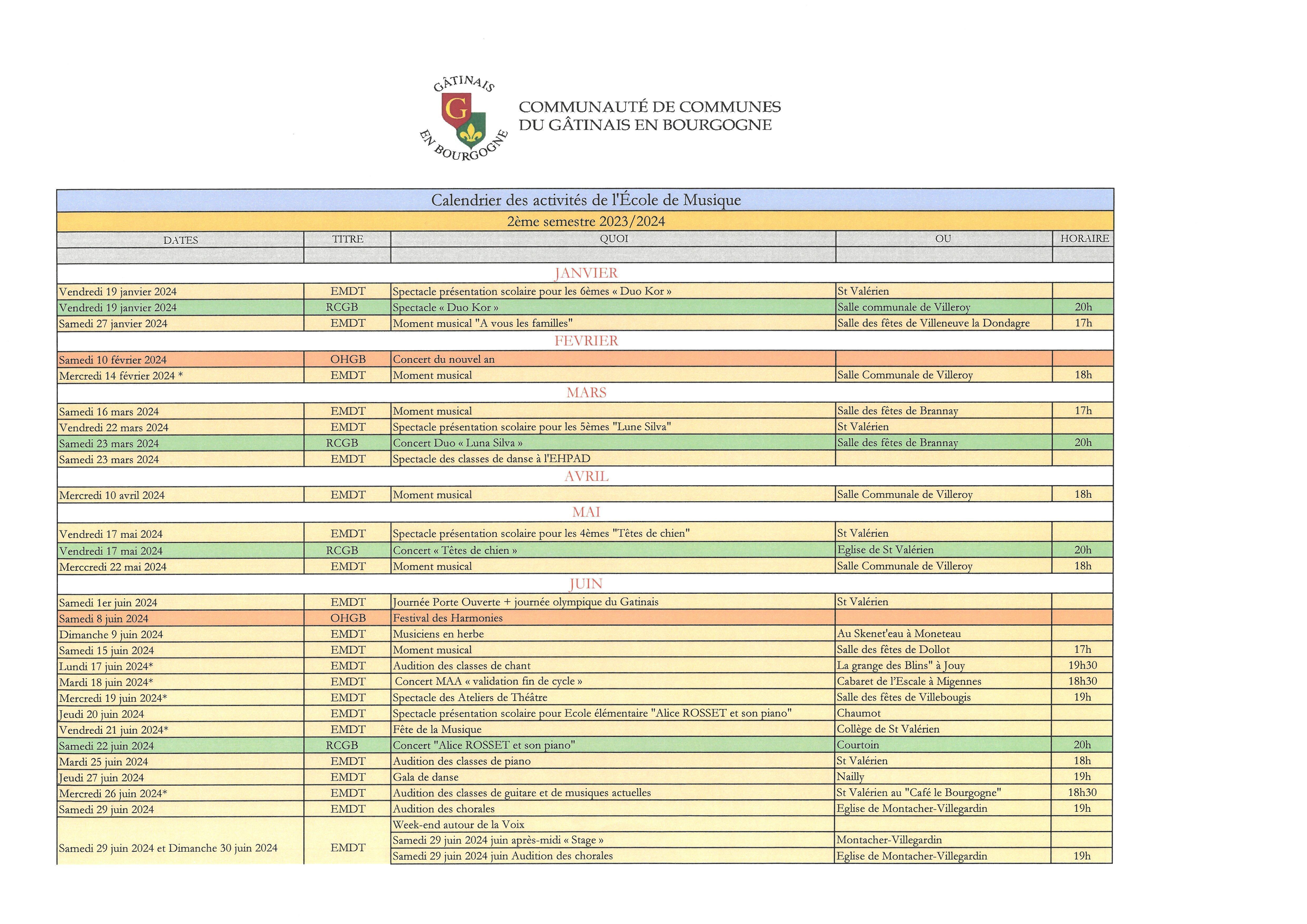 Calendrier des activités Ecole de musique