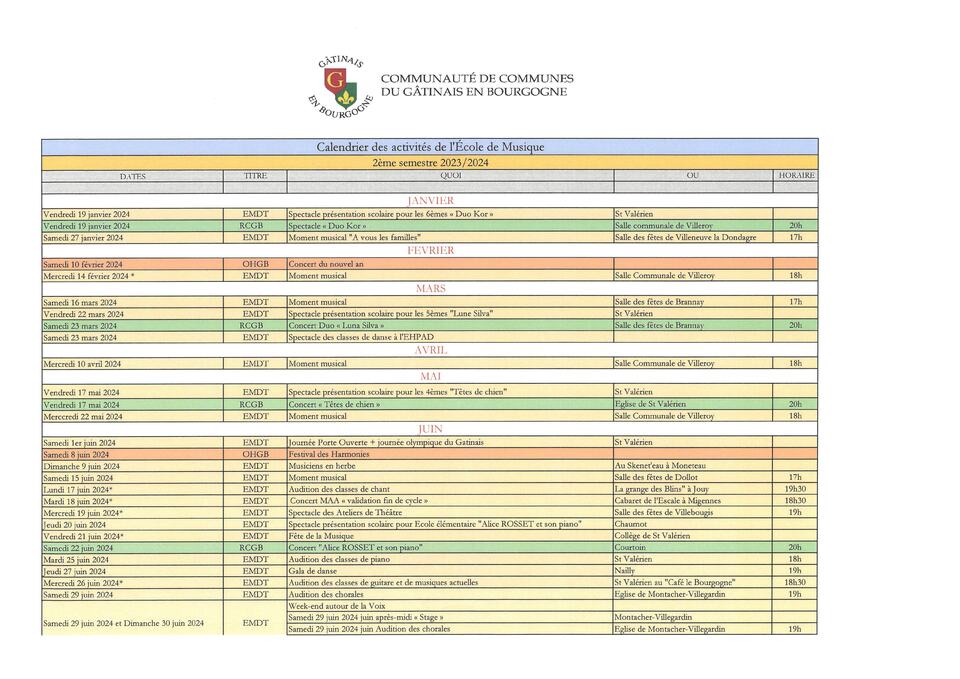 Calendrier des activités Ecole de musique