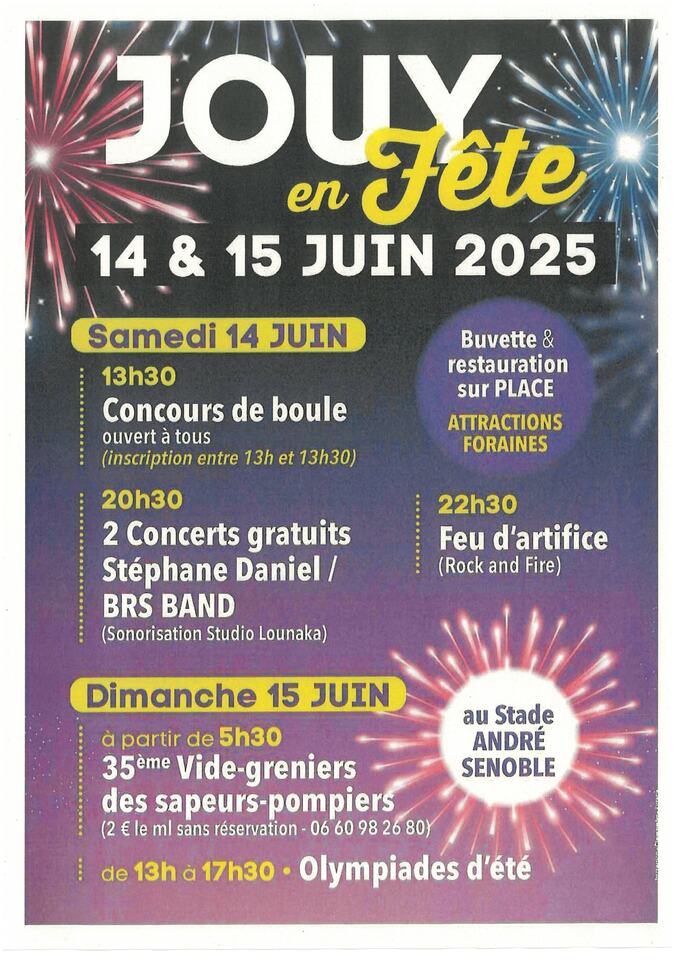 Concerts et feu d'artifice à JOUY le 14 et 15/06/2025